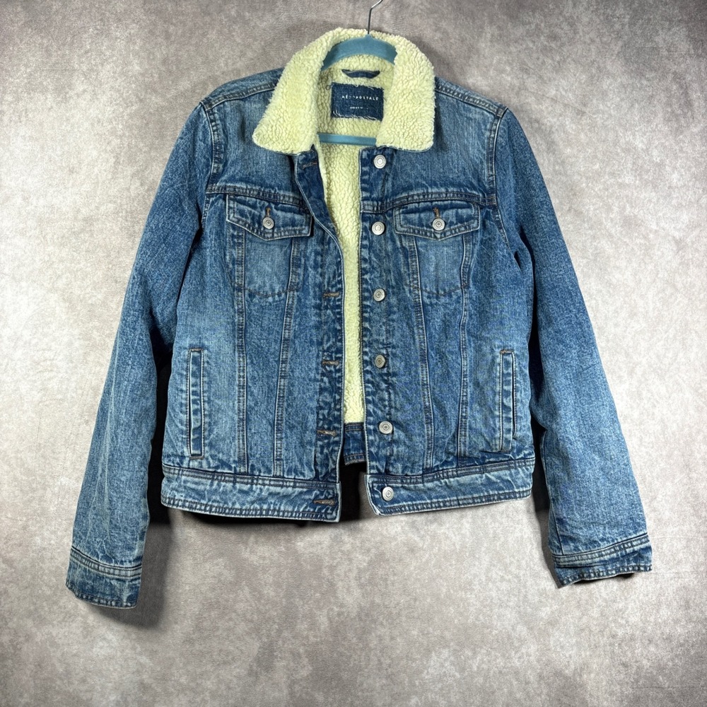 Aeropostale Denim Jacket Women Large Blue Sherpa Lined Trucker Jean Coat Classic